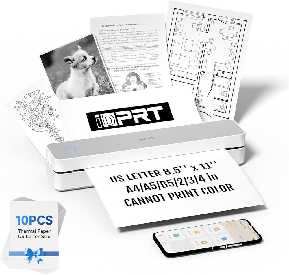 Wireless Portable Bluetooth Thermal Printer for Travel Supports 8.5-Inch Paper