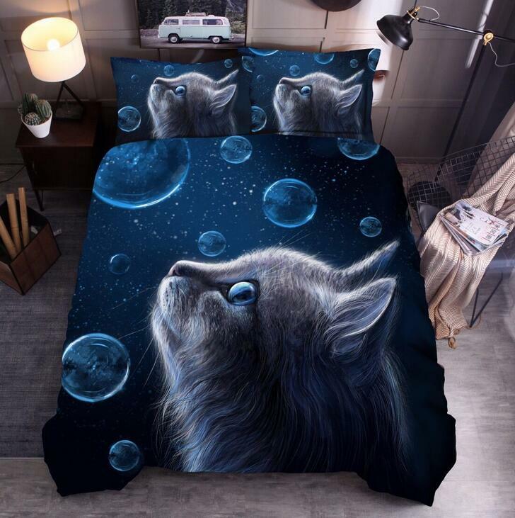 3D Bubble Cat Blue Bedding Set Duvet Cover Comforter Cover Pillow Case