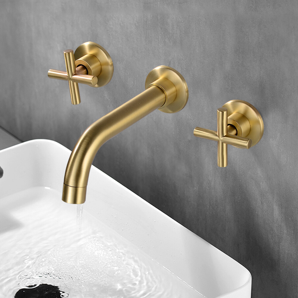 Wall Mount Brass Waterfall Bathroom Sink Faucet with 2 Handles