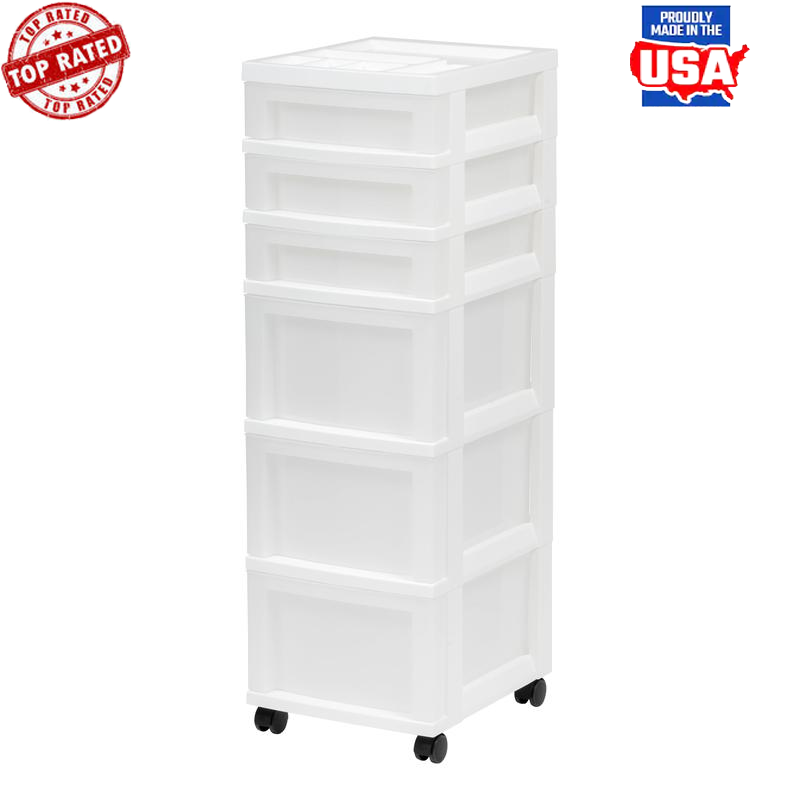 Mobile 6-Drawer Plastic Storage Cart with Organizer Top and Rolling Wheels