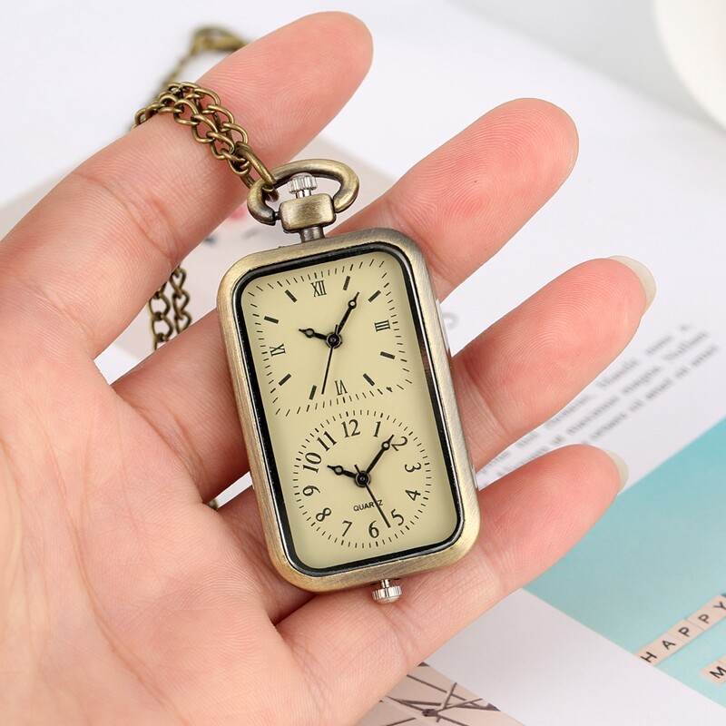 Men's Dual Double Time Zone Rectangle Pocket Watch Quartz Movement with Chain