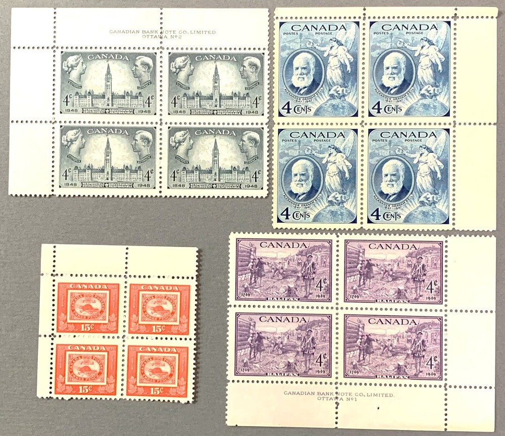 CANADA Mint MNH - 2 Plate Blocks & 2 Block of 4,  #274 #277 #283 #314, 1942-1943