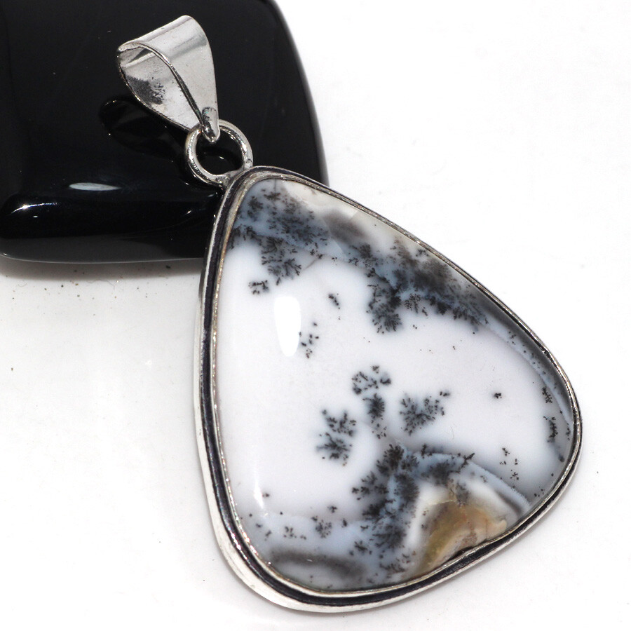 Dendritic Opal 925 Silver Plated Long Gemstone Pendant 2