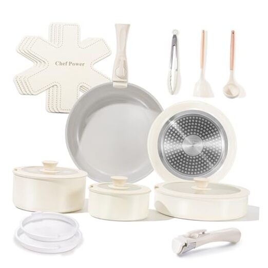 19-Piece Ceramic Nonstick Pots and Pans Set with Detachable Handle for Induction Cooktops