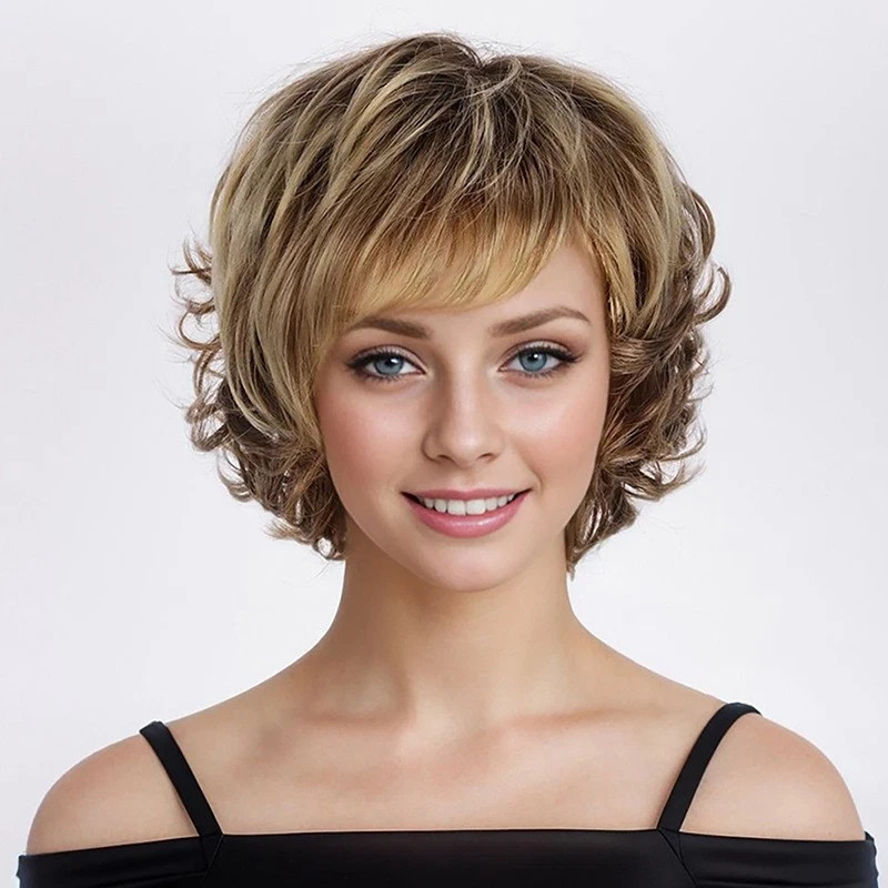Ladies Wig Short Hair Wigs Women's Dark Blonde Brown Synthetic Curly Full Wig