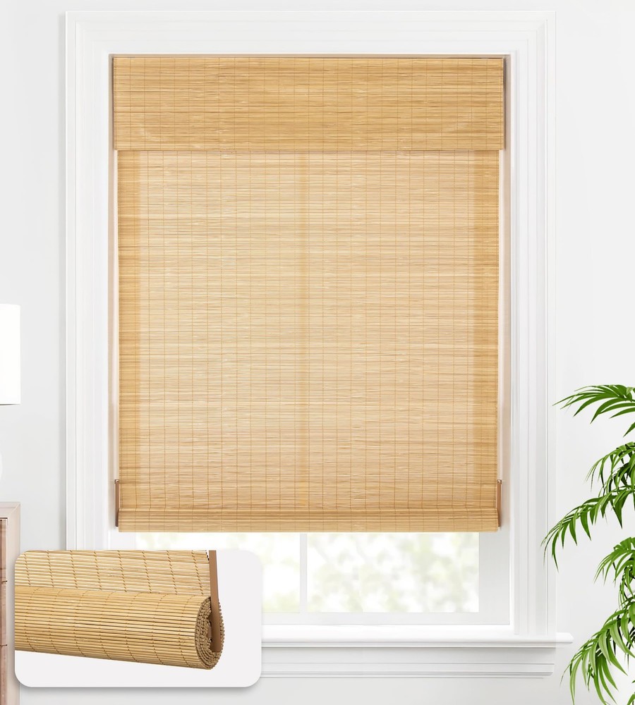 Cordless Bamboo Roll Up Blinds for Windows Light Filtering Natural Wood Shades