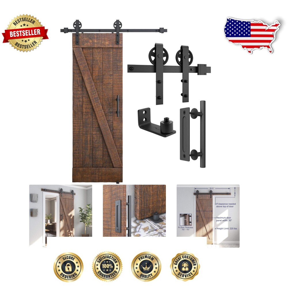 Matte Black 5ft Barn Door Hardware Kit - High Quality Carbon Steel Construction