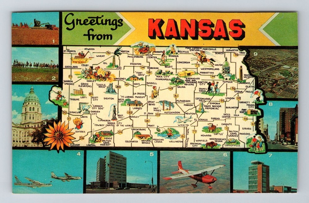 KS-Kansas, Scenic Map Greetings, Landmarks, Vintage Postcard
