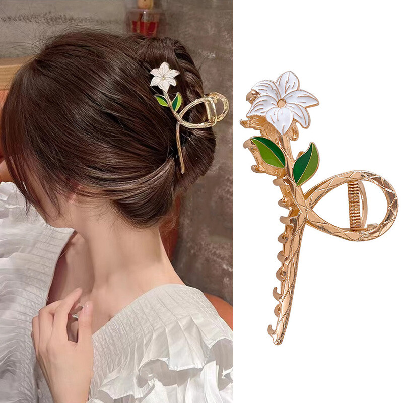 Women Metal Hair Claw Elegant Hair Grab Ponytail Clip Lily Flower Shark Clip