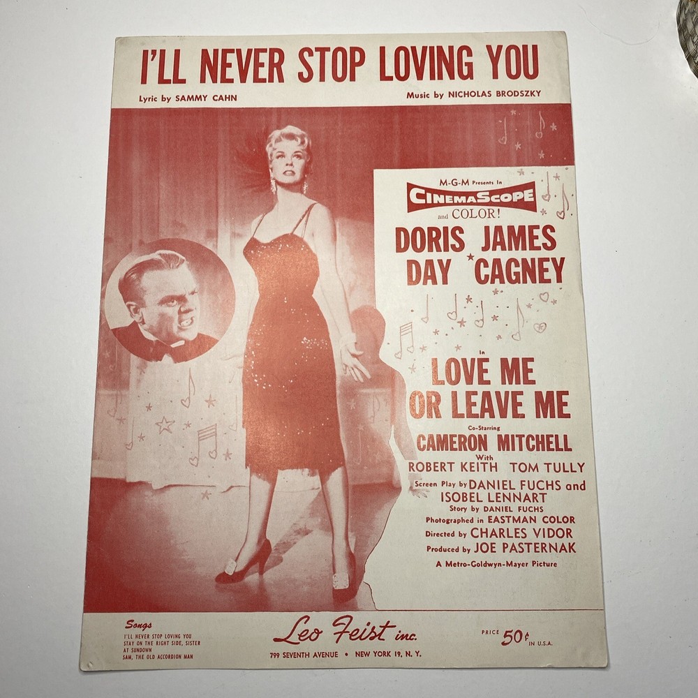 Vintage 1955 I'll Never Stop Loving You Sheet Music Doris Day James Cagney