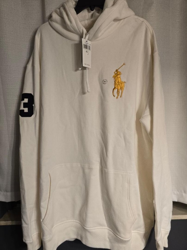 NWT Polo Ralph Lauren Big Pony Pullover Hoodie Sweatshirt White Gold  XLT