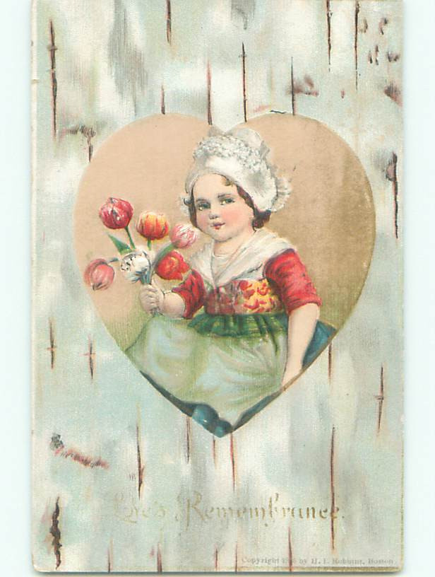 Cute Girl Holds Tulip Flowers Inside Heart Pre-Linen Valentine Card K9827 60K