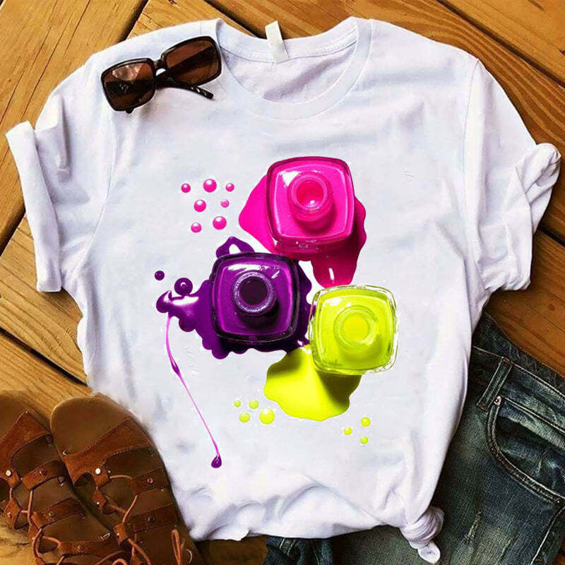 Nail Polish Bottle Print Short Sleeve Men Casual T-shirt