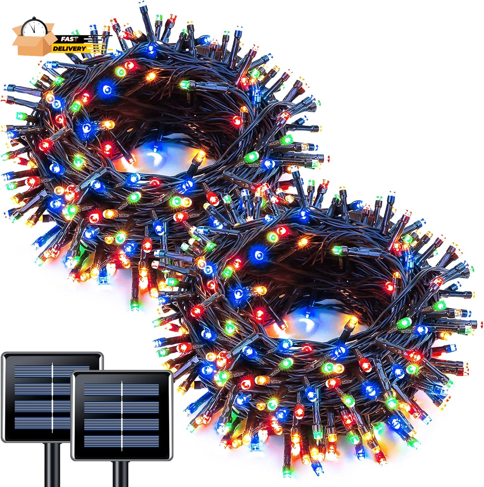2 Pack Solar String Light 100LED 32.8Ft 8 Modes Solar Christmas Lights Waterproo