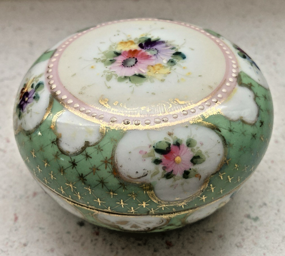 Vintage Porcelain Trinket Box with Raised Floral Painted Trim