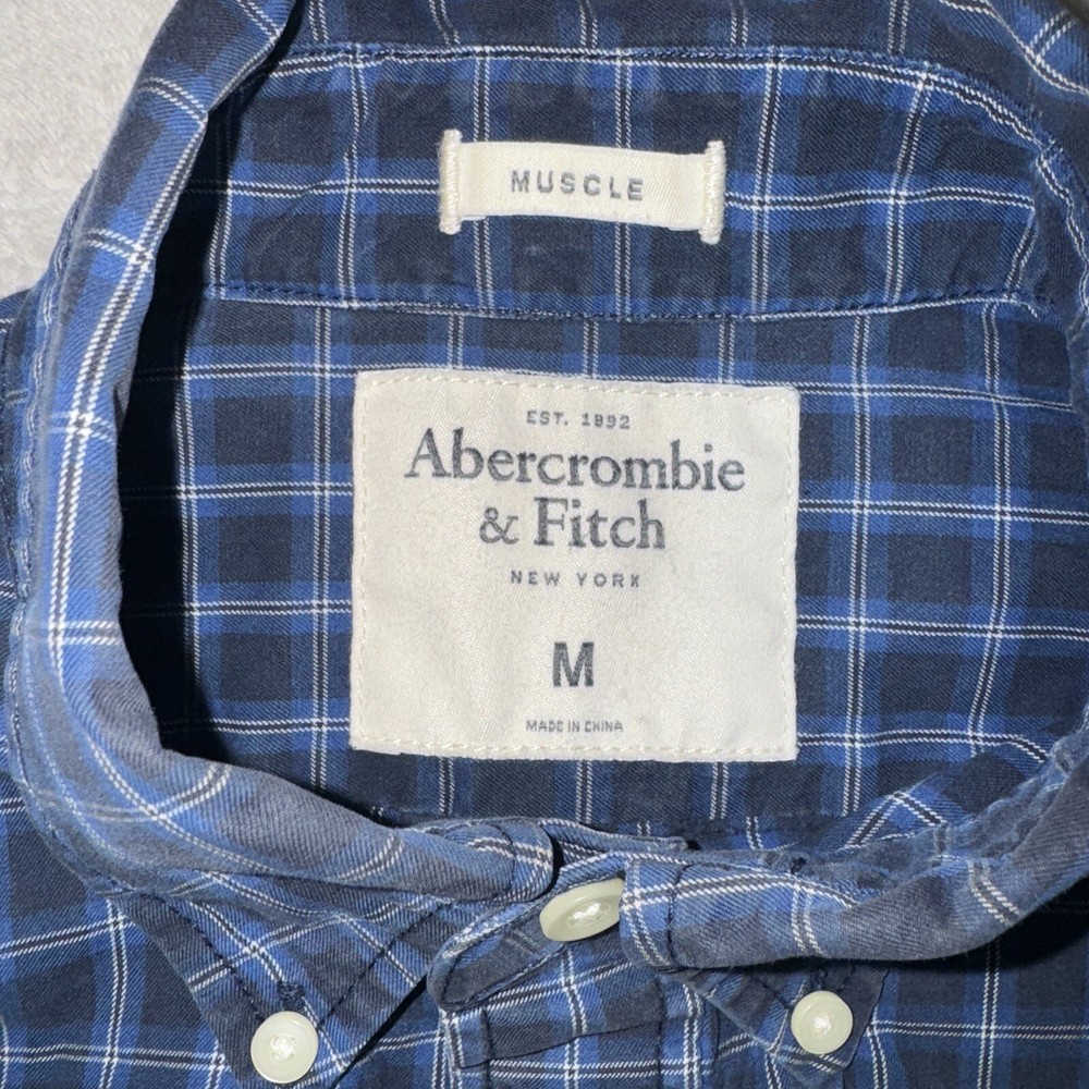 MENS ABERCROMBIE & FITCH SIZE UK MEDIUM BLUE CHECK MUSCLE FIT COLLAR SHIRT TOP