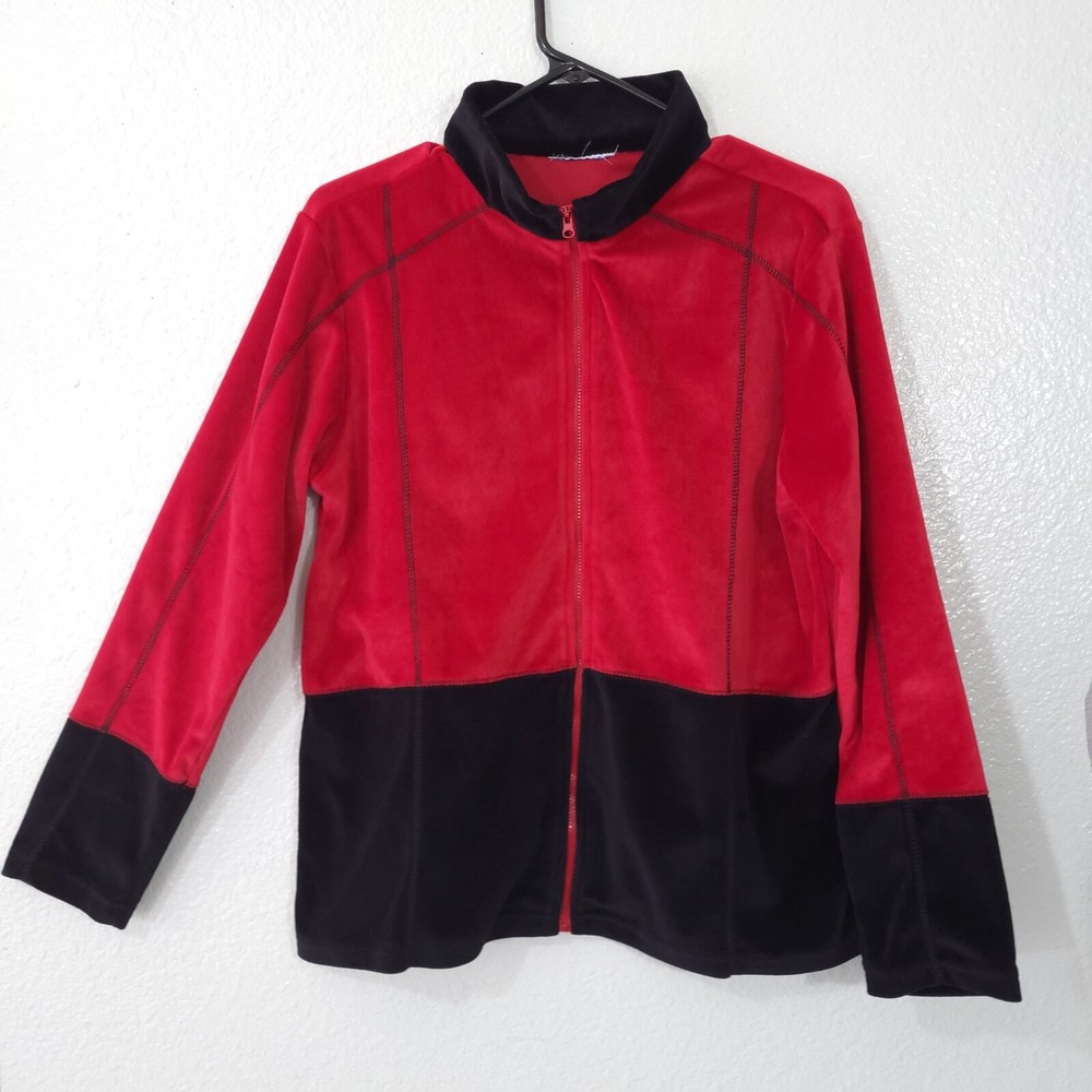 Velour Jacket Womens Size 10 Red and Black Colorblock Stretch Zipper Long Sleeve