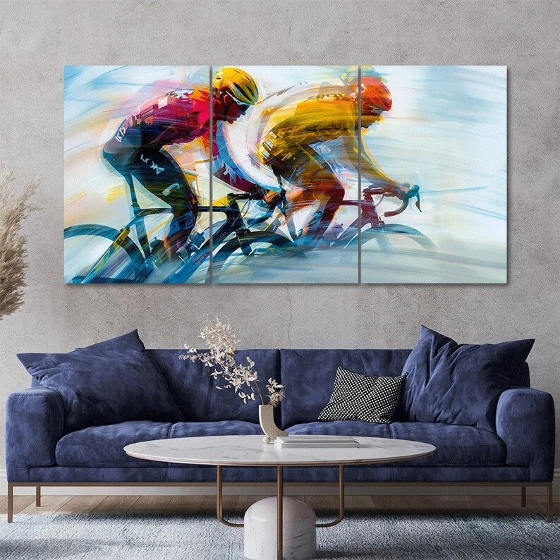 Two Cyclists Racing Sports Scene 3 Pcs Abstract  Wall Art  Unframed Modern Home