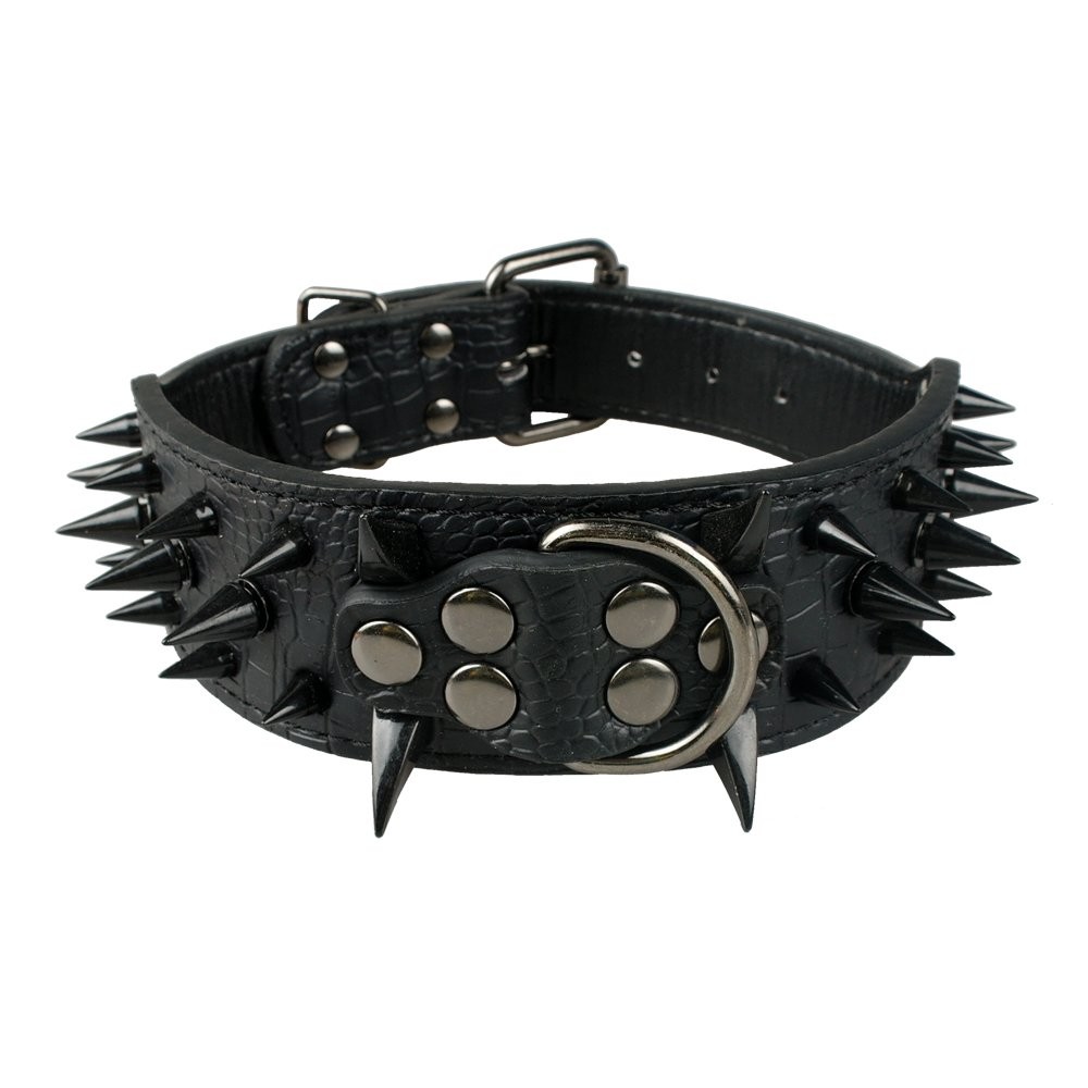 Sharp Spiked Studded Leather Dog Collar 2 Inch Wide Punk Style