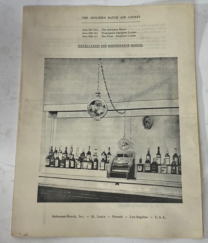 Original Vintage Budweiser Beer Pocket Watch Clock Sign Install, Maint. Manual