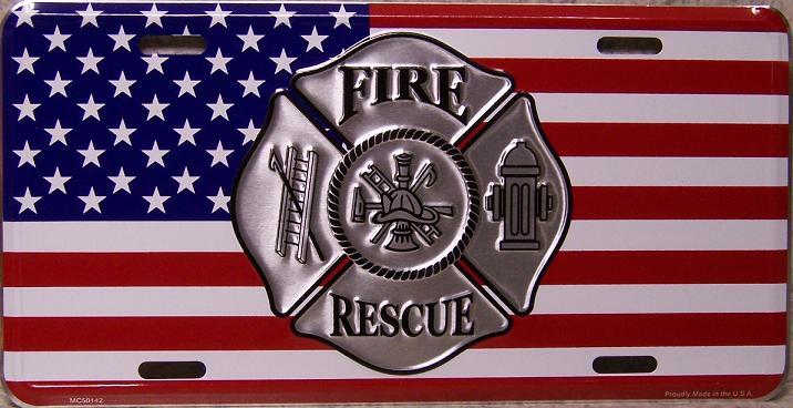 Aluminum License Plate Fire & Rescue & U S Flag NEW