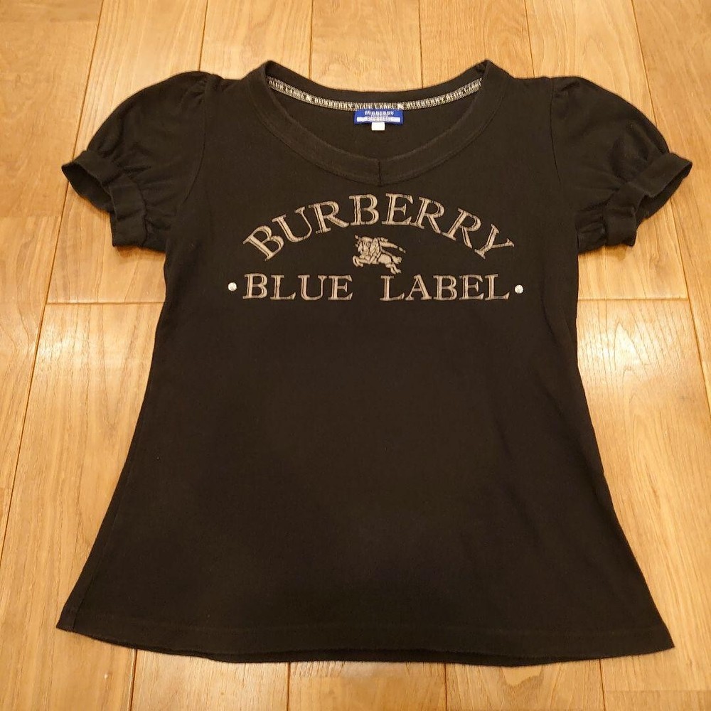 Burberry Blue Label T-shirt Black Short sleeve Cotton Logo Women Size 38 Used