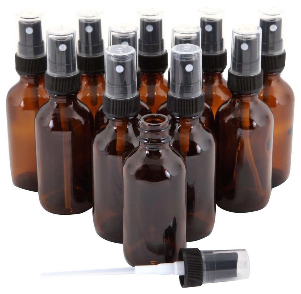 12 Amber 1 oz Glass Bottles with Black Fine Mist Sprayers