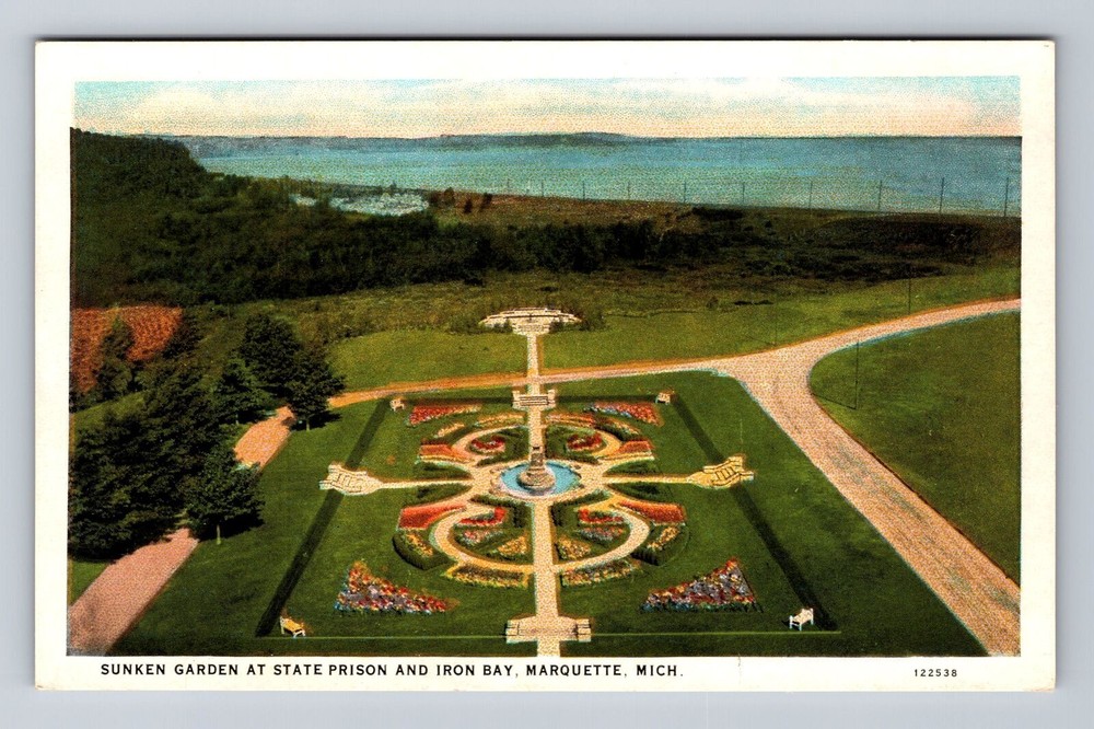 Vintage Postcard: Marquette MI Sunken Garden State Prison & Iron Bay Scenery