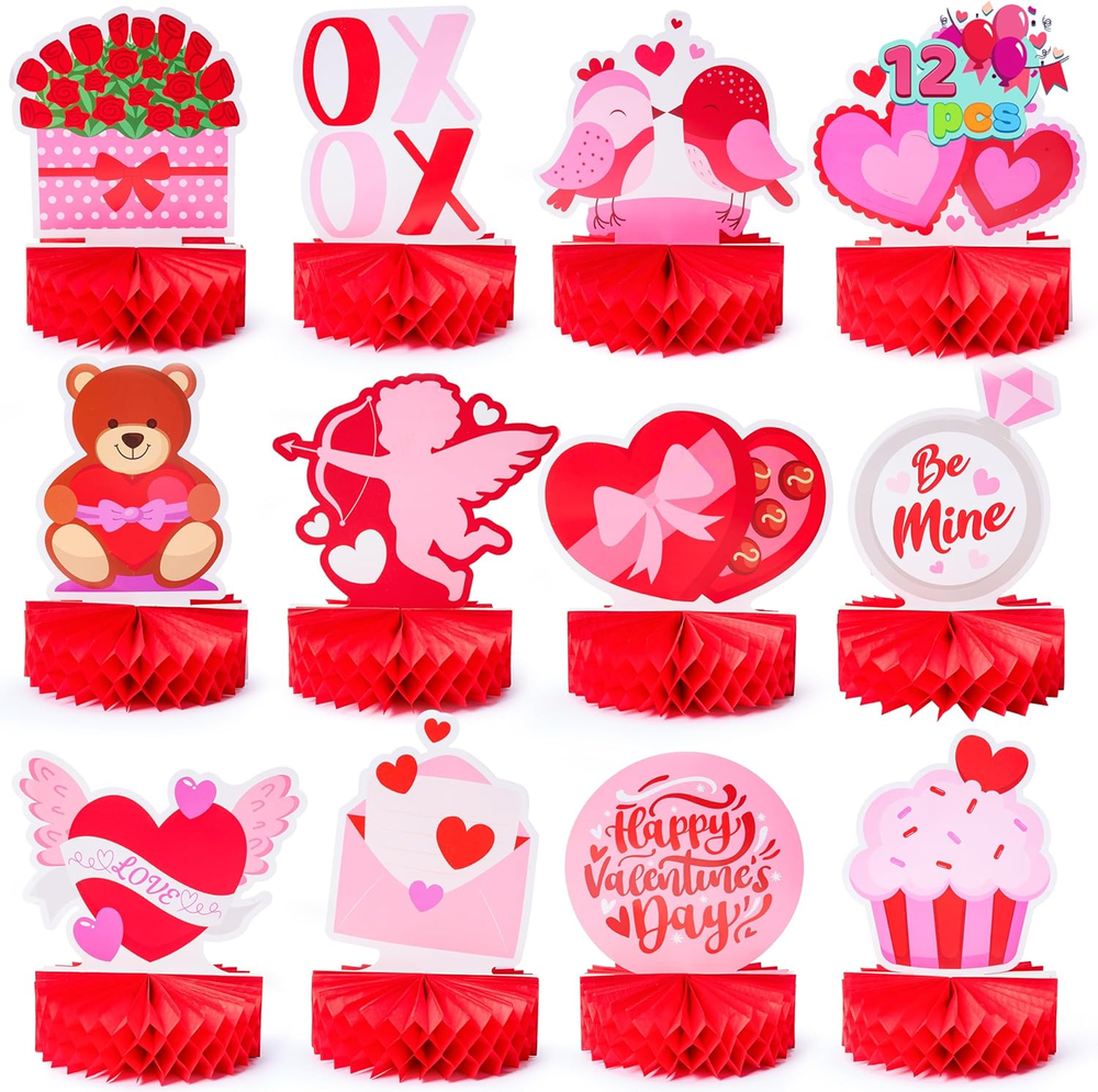 12 Pcs Valentine Honeycomb Centerpieces for Table Decorations, with Red Pink Hea