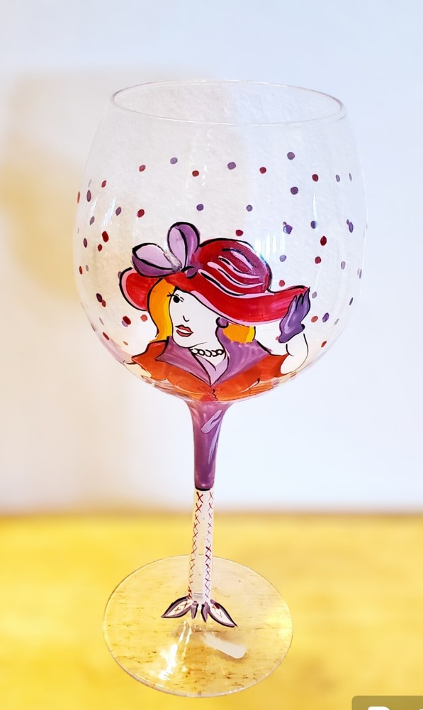 Wine Glass Whimsical Red Hat woman Red Hair Purple Outfit Hand Painted
