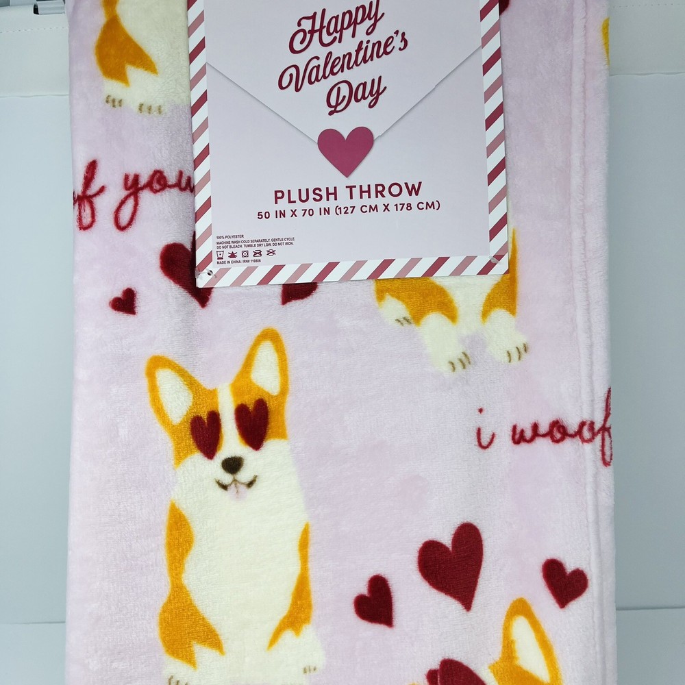 Valentines Day Corgi Dog Throw Blanket 50x70 Inch Pink with Red Hearts I Woof You  