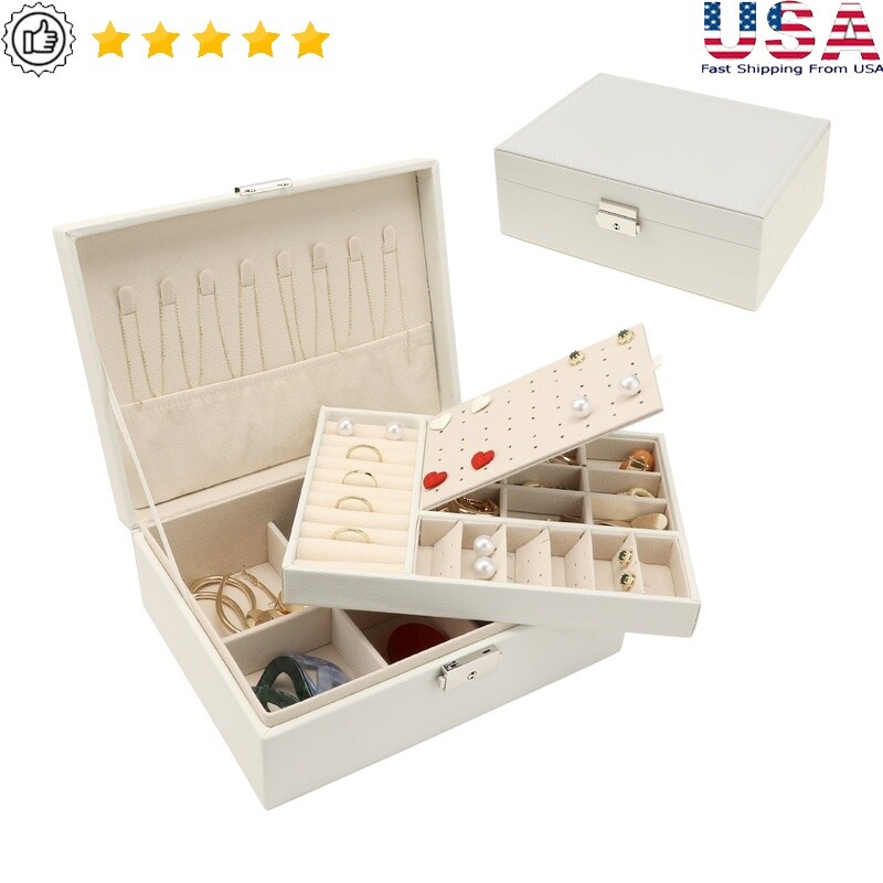 2 Layer PU Leather Jewelry Box with Drawer Mirror Handle for Storage