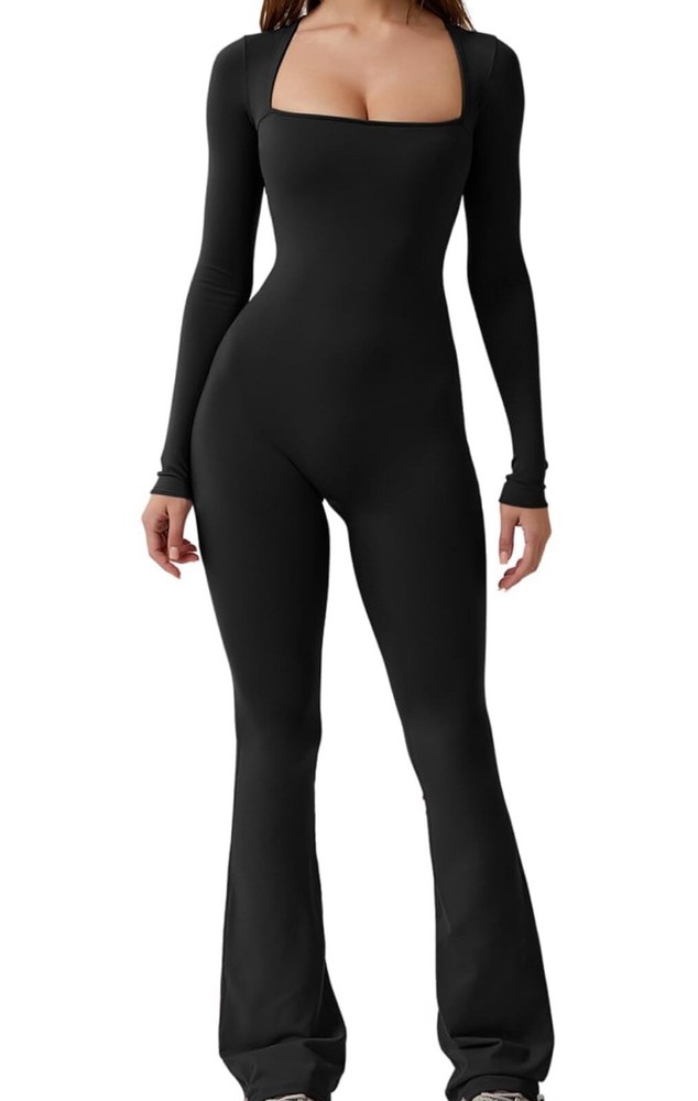 QINSEN Jumpsuits for Women Square Neck Wide Leg Full Length Romper Playsuit Sz S