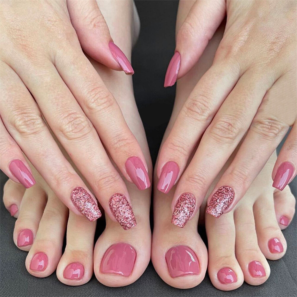 Pink Glitter Coffin Press On Nails 48pcs Long False Nails for Toe and Finger