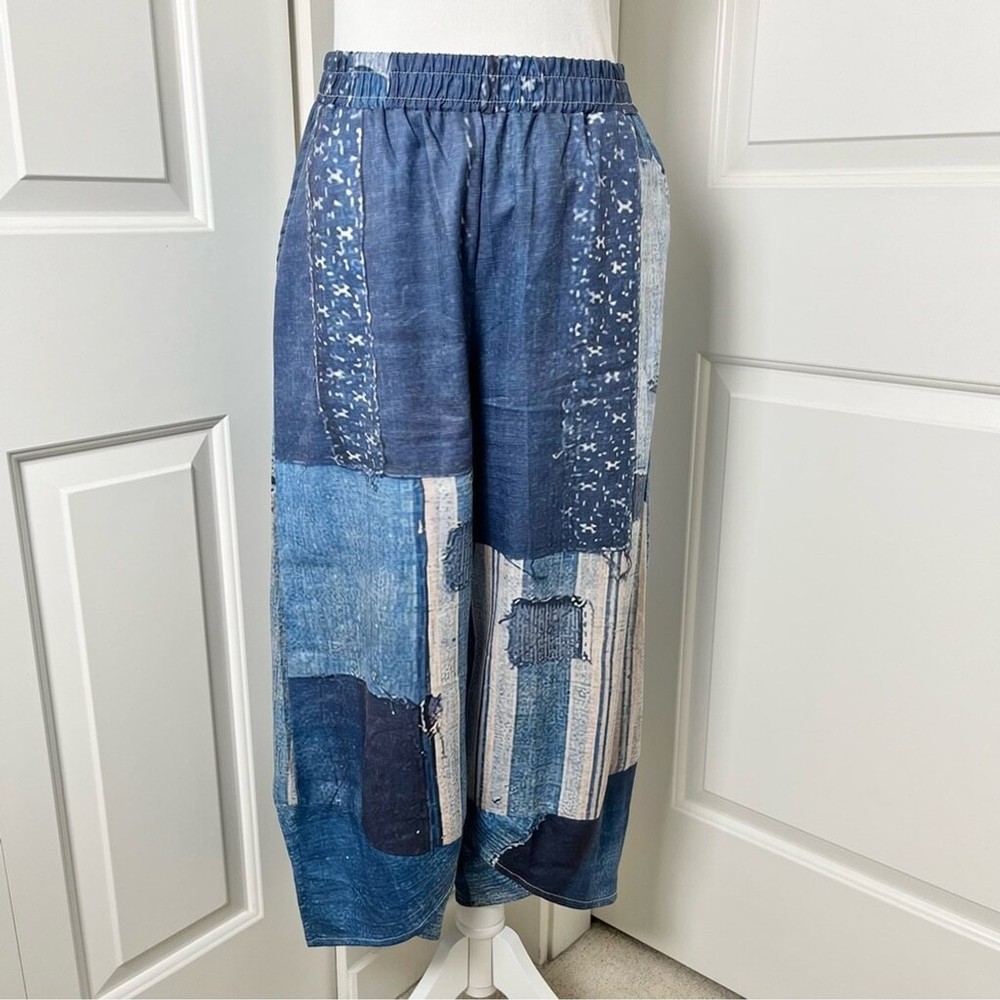 Digital Printed Patchwork Bohemian Denim Lounge Pants Blue Medium-image