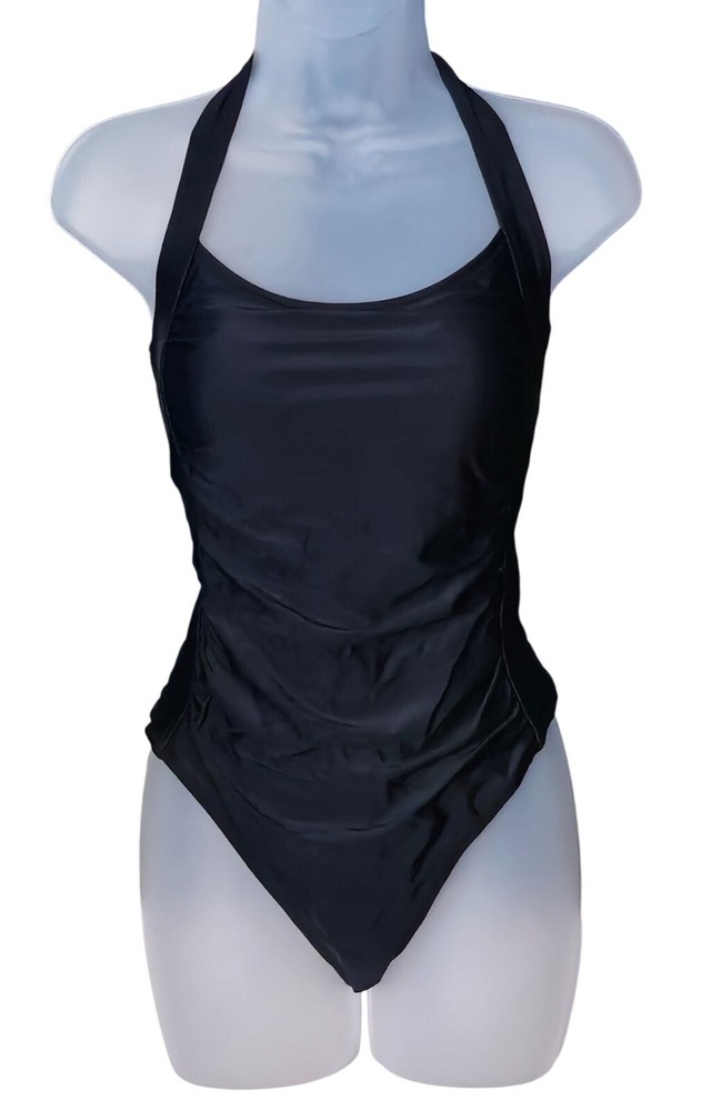 Women’s Black Halter Neck Strappy Lace-Up Swimsuit with Adjustable L Straps