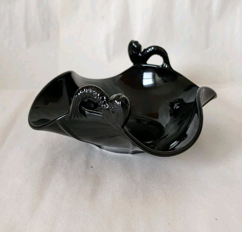 Vintage Fenton Black Amethyst Dolphin Double-Handle Wavy Edge Trinket Tray
