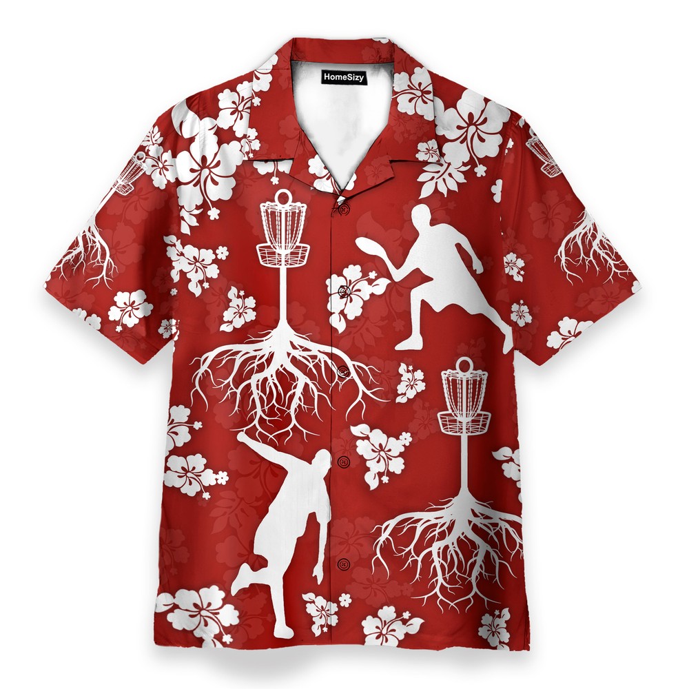 Disc Golf Tree Hibiscus Red Pattern   Hawaiian Shirt