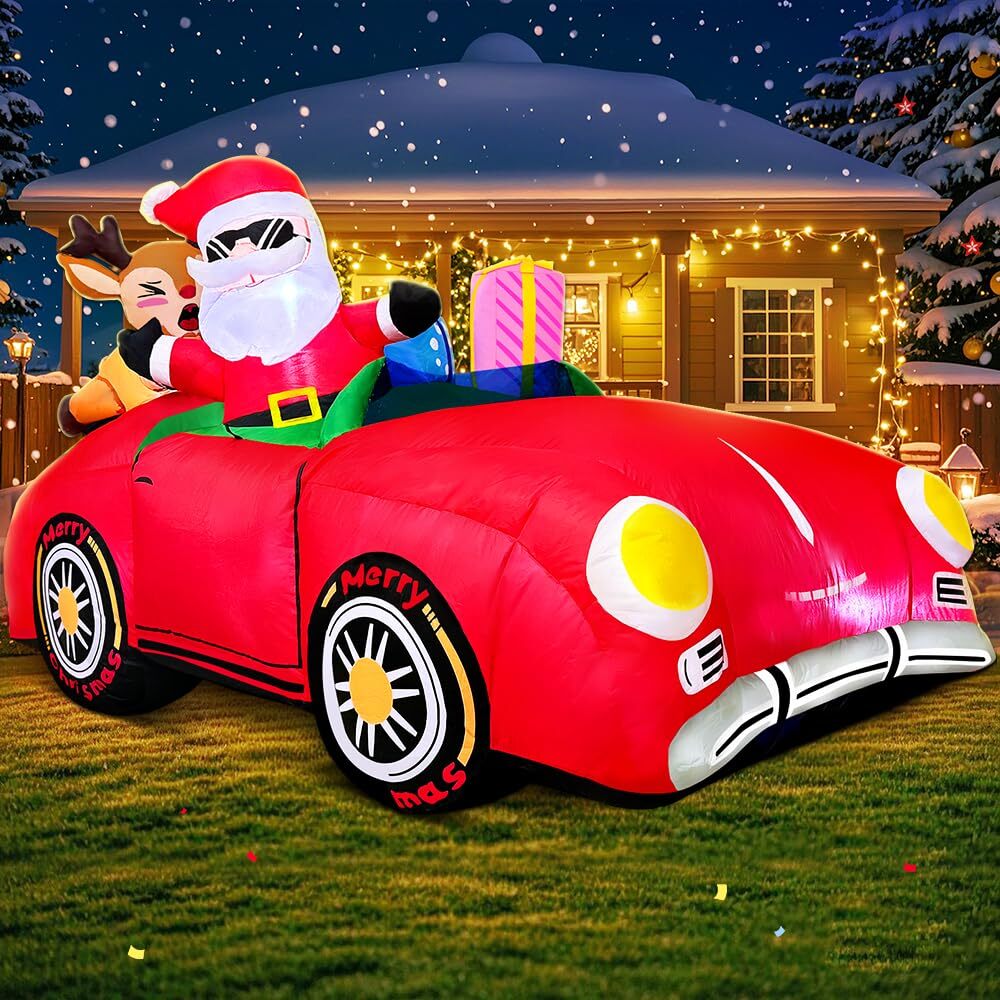 6.5FT Christmas Inflatables Red Car Santa Claus and Reindeer Drive Truck Blow...