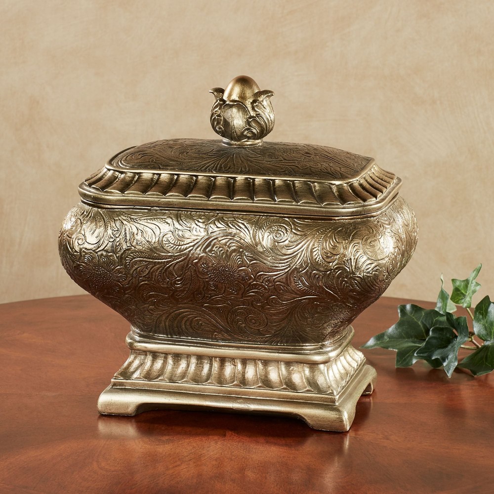 Algiers Traditional Tabletop Etched Satin Gold Decorative Covered Box Lid