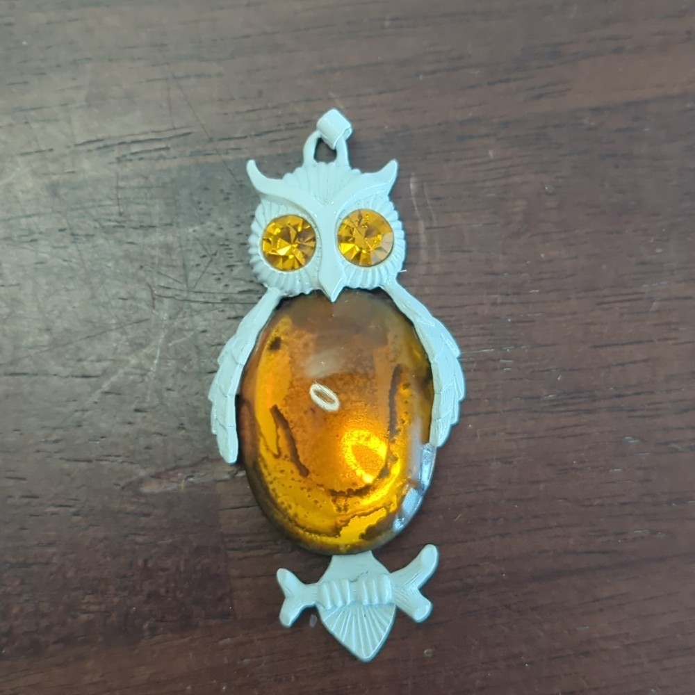 DODDS Goldtone Large Amber Jelly Belly Owl Pendant Necklace 3 Inch