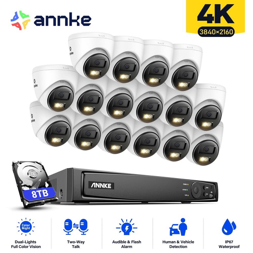 ANNKE 8CH 16CH 12MP NVR PoE 4K Color Security Camera System Outdoor 2 Way Audio
