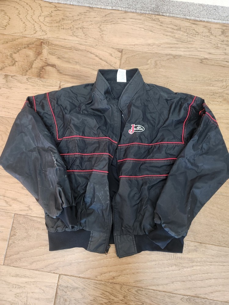 Vintage Justin Boots Black Windbreaker Jacket Large Men's Western Rodeo Cowboy USA
