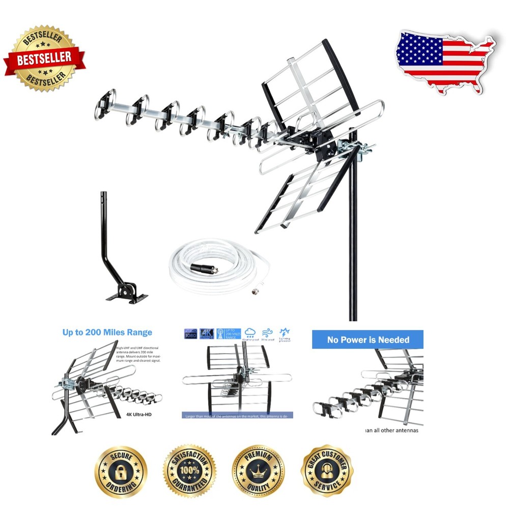 Next-Gen 4K HDTV Antenna with 40ft Coax Cable & Splitter for Multi-TV Support