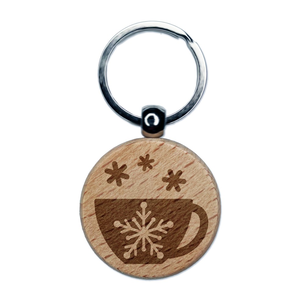 Tea Coffee Cup Snowflake Details Winter Engraved Wood Round Keychain Tag Charm