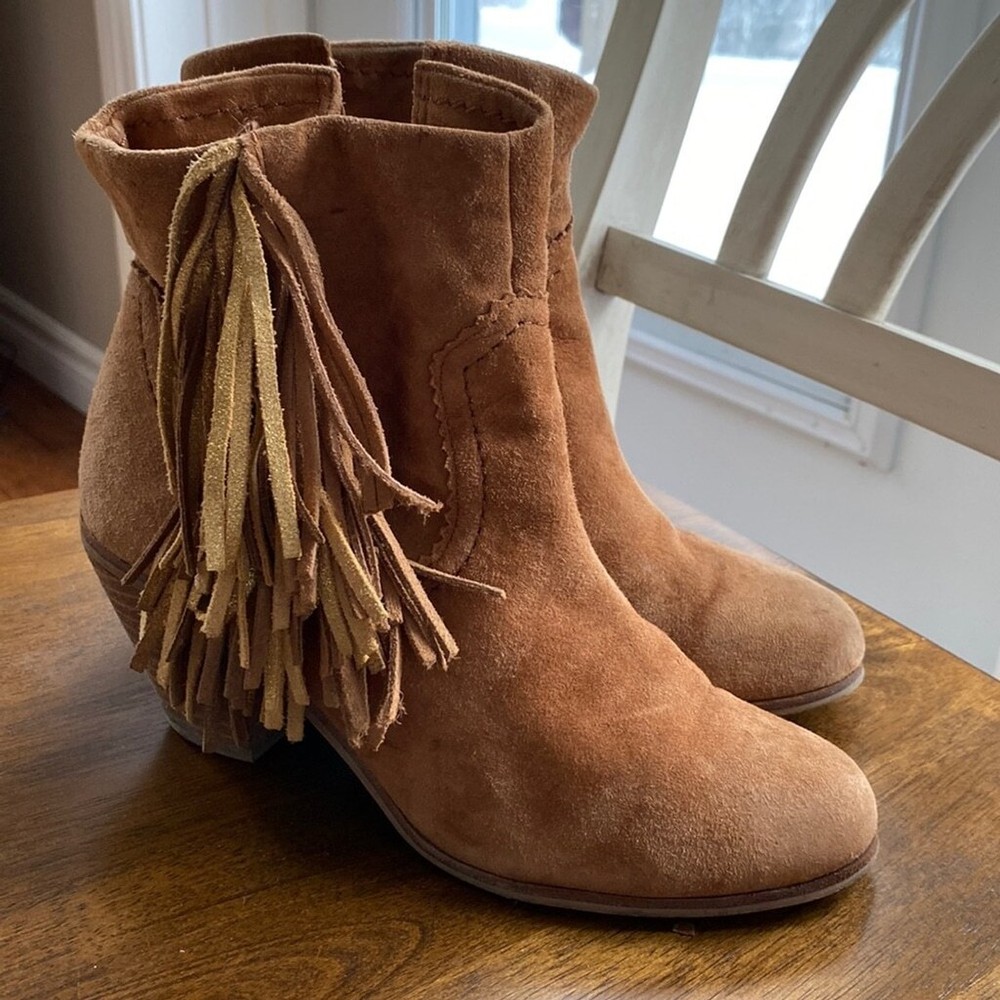 Sam Edelman Louie Western Boot Caramel Brown Suede Fringe Size 7.5 Block Heel