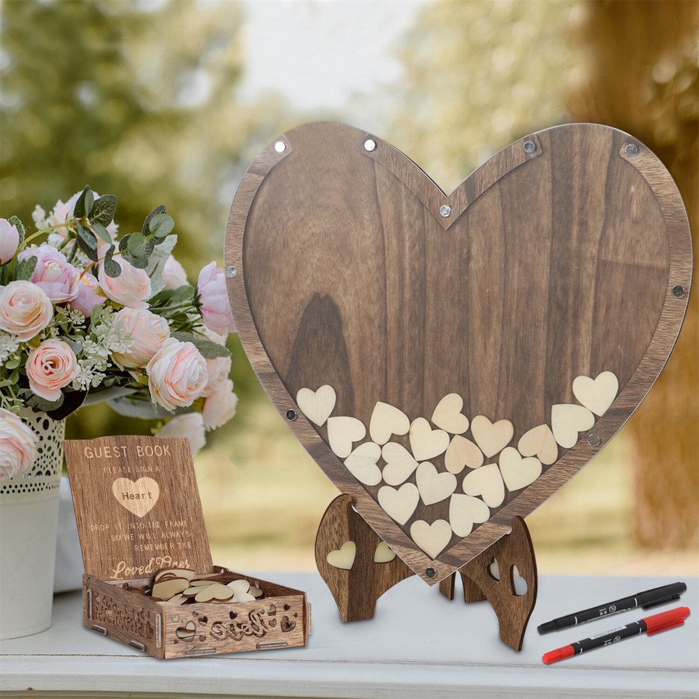 Rustic Wooden 3D Wedding Guest Book Transparent Heart Frame w/Box Party Decor