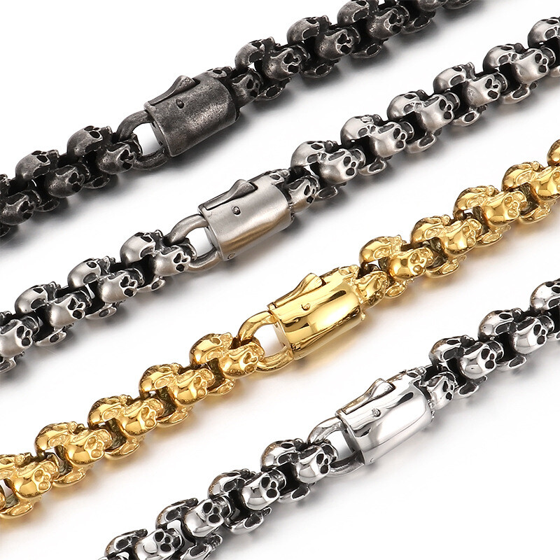 Titanium steel vintage skull bracelet and necklace set for men  