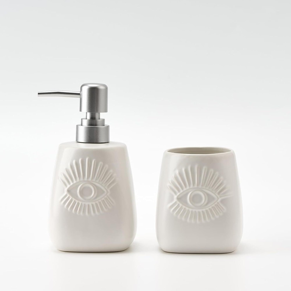 White Bathroom Accessory Set of 2-Toothbrush Holder and Ceramic Soap