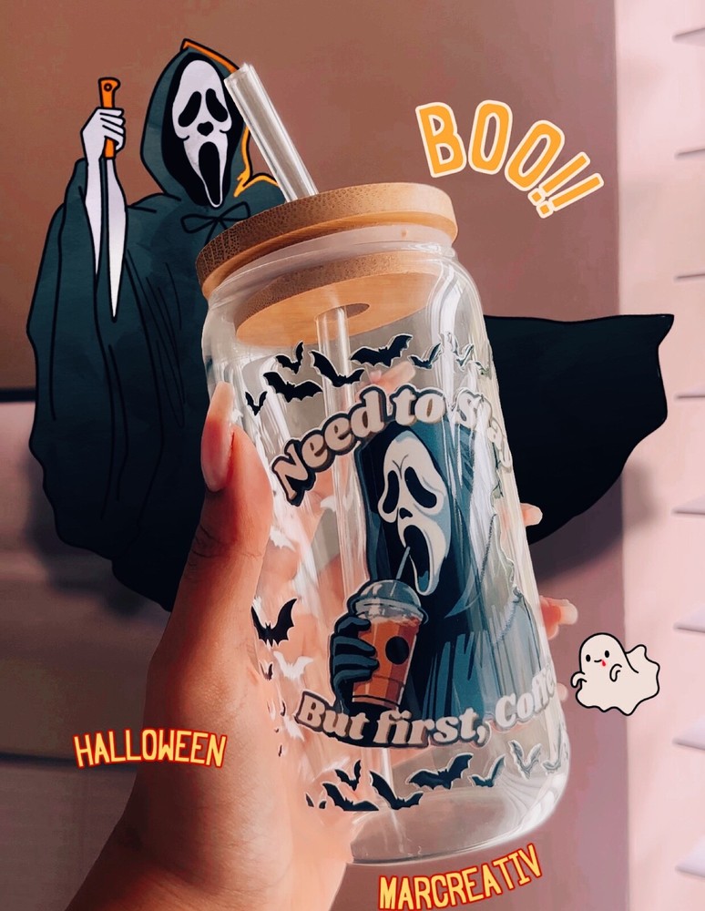 Spooky Halloween 16oz Scream Ghost Face Glass Cup with Lid & Straw